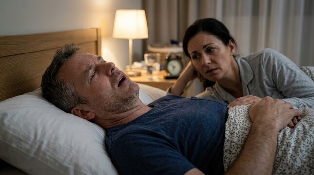 A concerned woman sits beside her struggling husband in bed. He is visibly gasping for air and struggling to breathe.