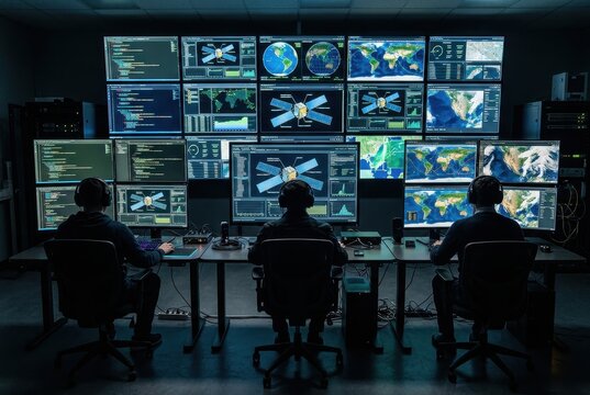 High-tech mission control center, aerospace engineers monitoring satellite data on large screen wall, cybersecurity operations room with glowing blue displays