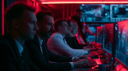 Obraz premium Futuristic Workspace with Team Analyzing Data on Monitors: Cybersecurity, Communication, and Efficiency Prioritized