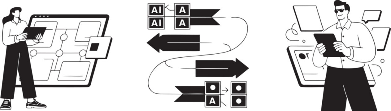 AI data workflow process analysis with people screens and flowcharts in outline diagram automation
