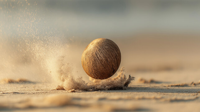 sedition. A ripe coconut falling onto soft sand, motion blur, sand spraying, beach at golden hour. travel magazines, destination branding, designed for outdoor magazines and nature guides.