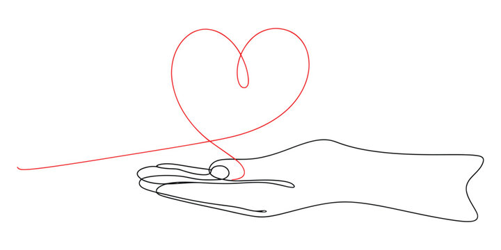 A single continuous line drawing of a human hand holding a red string heart shape