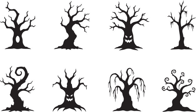 Spooky hallo ween tree silhouette set scary dead forest collection with black gothic nature graphic elements design