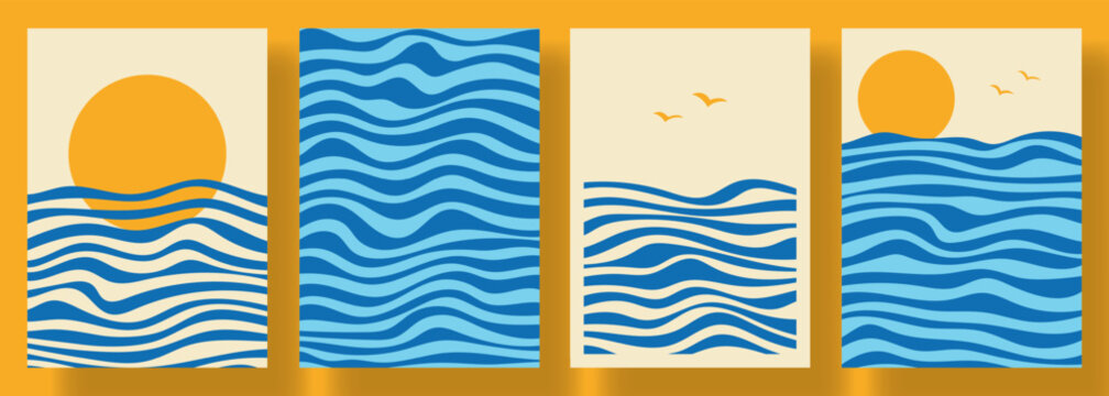 Retro summer minimal cards. Vector poster collection with wavy sea patterns and silhouettes of sun and seagulls. Creative summer backgrounds with dynamic liquid lines for cover, poster, branding.