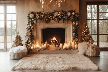 Naklejka premium Warmly lit fireplace with evergreen garland, white/gold ornaments, glass candle holders. Two small trees flank hearth poufs on either side. Shag rug covers floor. Natural light from French doo