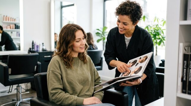 A stylist is showing a client a photo album of hairstyles. The woman is sitting in a salon chair, and the stylist is standing beside her, pointing at the images.