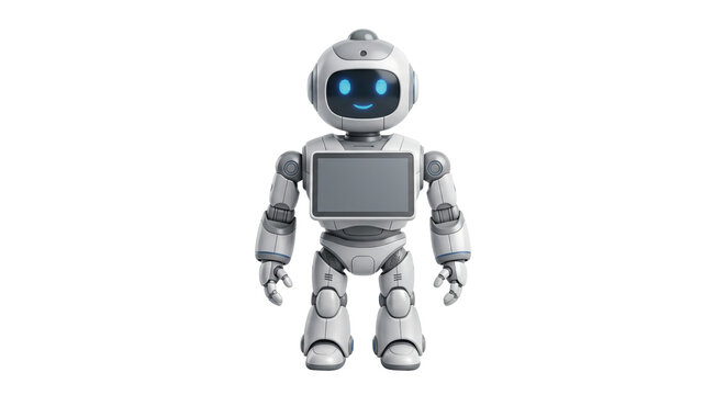 Modern white humanoid robot with digital chest screen