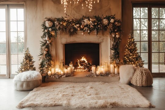 Warmly lit fireplace with evergreen garland, white/gold ornaments, glass candle holders. Two small trees flank hearth poufs on either side. Shag rug covers floor. Natural light from French doo