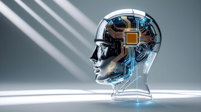 Transparent futuristic AI robot head with circuit board and CPU chip artificial intelligence technology concept 8K ultra HD