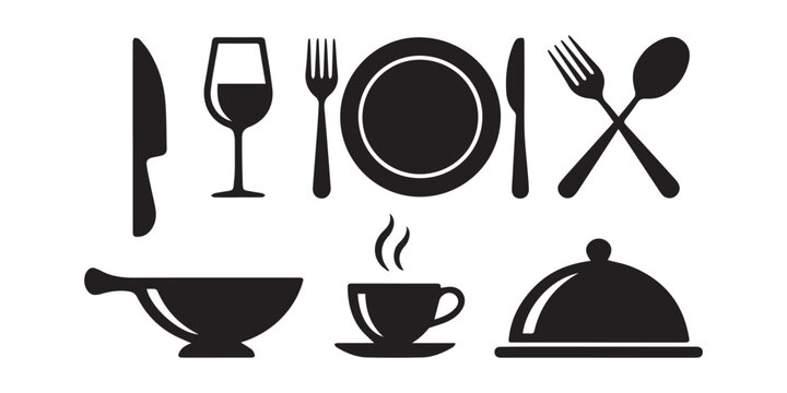 Minimalist culinary black silhouette icon set featuring food and dining symbols,Set of eight black and white minimalist food cloche and plate icons for restaurant menus and catering services,silhouett