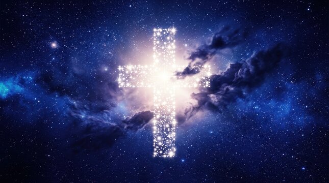 Glowing Christian cross in deep space, celestial religious symbol formed by stars and nebulae, divine light in starry night sky background