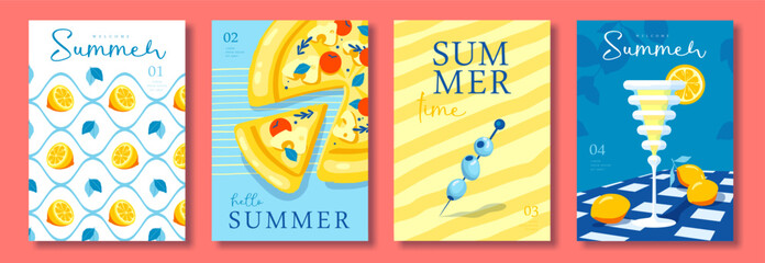 Obraz premium Set of summer Italian posters or covers with limoncello cocktail, olives, pizza and lemon pattern. Menu design. Vector illustration
