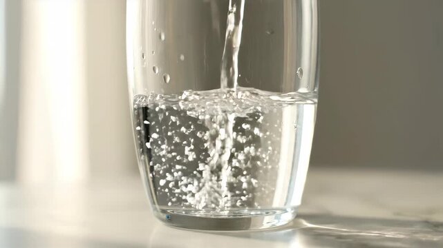 Close-up of clear water being poured into a glass. Fresh alkaline water filling a transparent cup with rising bubbles. Healthy hydration and clean drinking water concept in soft natural daylight