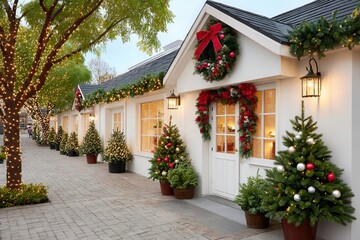 Fototapeta premium White clapboard buildings with red bow wreaths and poinsettias, lit by string lights, create a festive holiday scene along a brick sidewalk.