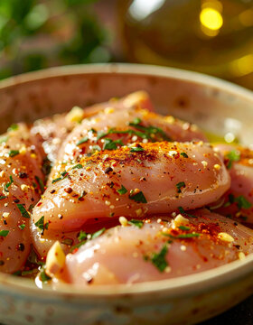 Raw chicken fillet marinated in bowl with aromatic spices, paprika, garlic, herbs and oil, glossy texture, appetizing cooking preparation scene