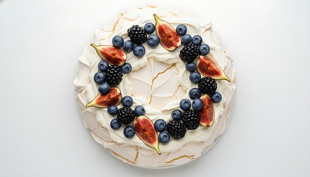 Homemade meringue pavlova with fresh figs blueberries and blackberries