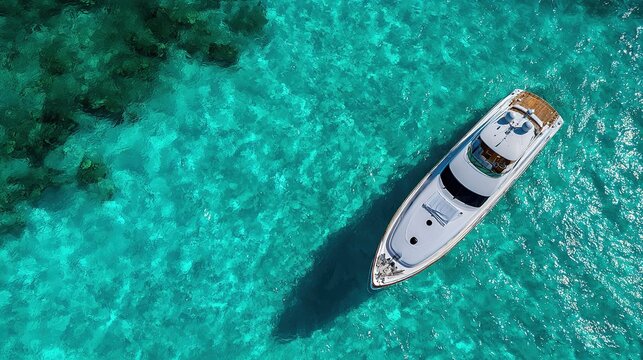 Luxury Yacht in Tropical Waters: An elegant white yacht floats serenely in the crystal-clear turquoise waters of a tropical paradise, its shadow a deep silhouette against the vibrant seabed.