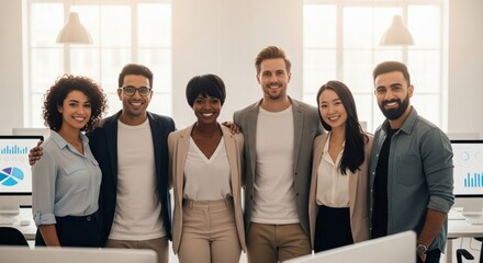 Obraz premium Diverse Group Smiles Together in Modern Bright Office Environment