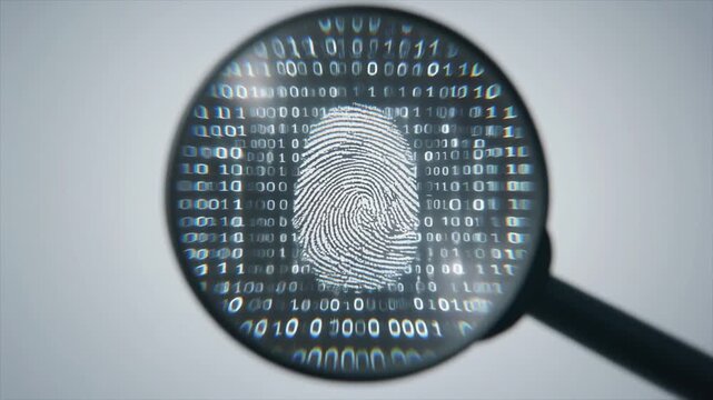 Biometric Digital Identity and Data Security Concept Revealed by Magnifying Glass with Binary Code