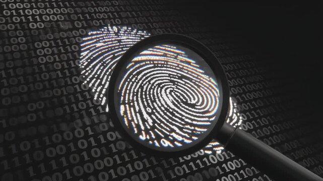 Digital Fingerprint Analysis Magnifying Glass Examining Biometric Data on a Binary Background, Symbolizing Cybersecurity and Forensic Investigation
