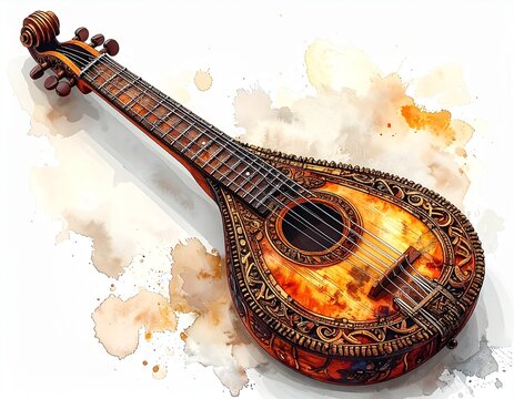 Ornate string instrument, warm hues