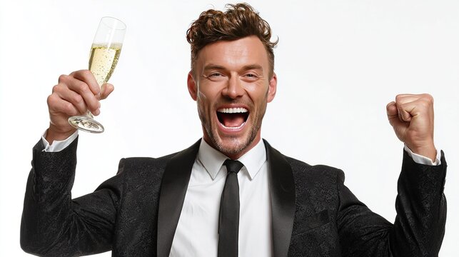 Triumph in Tuxedo: A jubilant man in a sharp tuxedo raises a champagne flute in one hand and clenches his other fist in a powerful gesture of victory, his face alight with exhilaration and success.