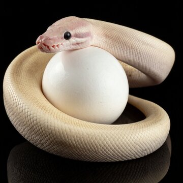 Pale snake coiled around white egg
