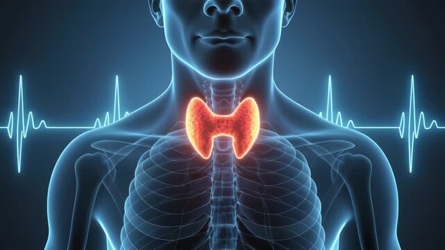 Anatomical illustration of the human thyroid gland and its associated circulatory system, visualized with glowing highlights and cardiogram waves, conveying health and medical concepts