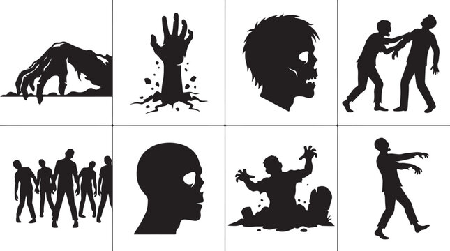 Zombie, zombie icons, silhouette, black, 8 vector graphics, undead creatures, horror, Halloween