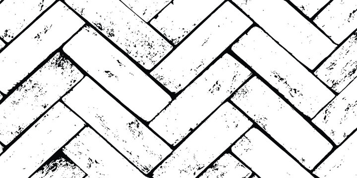 Black and white distressed herringbone brick paving pattern grunge texture backdrop for architectural template vector illustration.