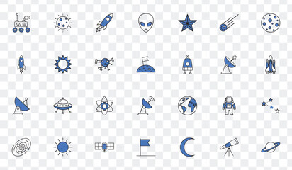 Space and Astronomy Line Icons Set Planets, Rockets, Astronauts, UFOs, Satellites, Galaxy and Cosmic Exploration Vector Symbols Collection © Masud