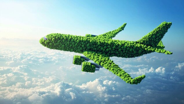 An eco-friendly travel concept illustrated by a tree-shaped aircraft.