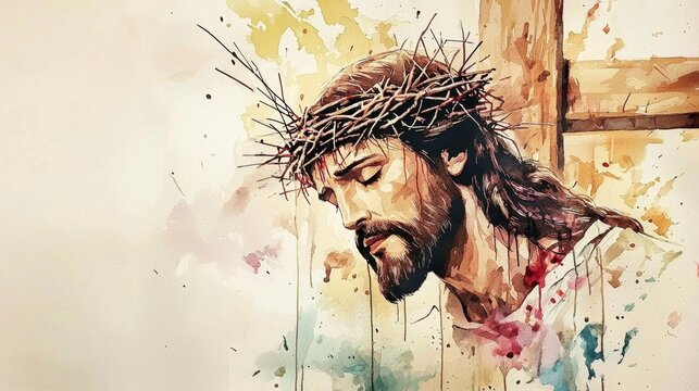 A beautiful watercolor illustration portraying the suffering of Jesus during the crucifixion.
