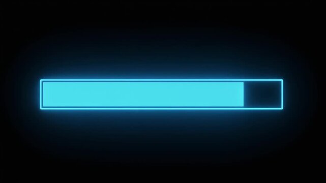 Vibrant neon blue progress bar indicating loading or system status on a sleek dark background, symbolizing digital advancement and data processing for user interfaces