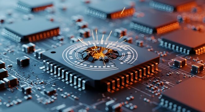 Close-up of a cracked computer chip with sparks flying, on a circuit board.