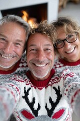 Naklejka premium Three cheerful middle aged adults in matching reindeer sweaters pose for a selfie near a glowing fireplace indoors.