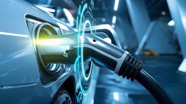 Electric Car Charging: Futuristic electric car charging, showcasing the seamless integration of technology and sustainable transport solutions.