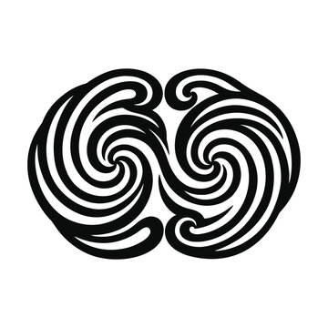 Stylized Brain or Lung Shaped Tribal Swirls Symmetrical Abstract Design Black and White Vector Illustration
