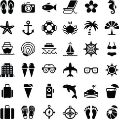 Collection of black and white representing summer vacation and travel themes beach © Bappy