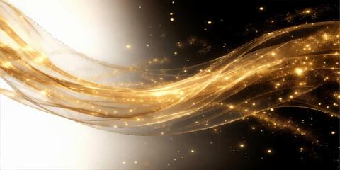 Abstract golden wave background with glowing stars and bright nebula light across a dark cosmos galaxy design © JAFOR