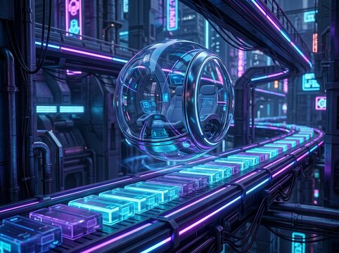 Futuristic spherical transport pod in a neon cyberpunk cityscape