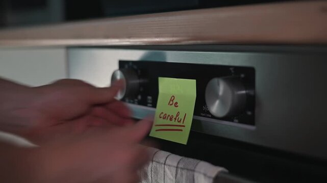 A person is adjusting the timer on an oven while placing a sticky note nearby with a reminder be careful