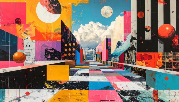 ネオンカラーの未来都市と宇宙空間を描いた抽象コラージュアート｜道路、都市景観、山脈、惑星、幾何学、SF、デジタルアート
