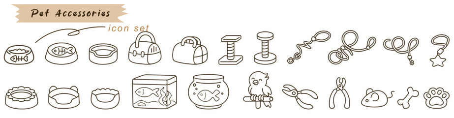 Pet accessories iconset sketch outline pet bowl collar bag leash toy fish aquarium cage snail rabbit scissors dog bone paw © iProDesign