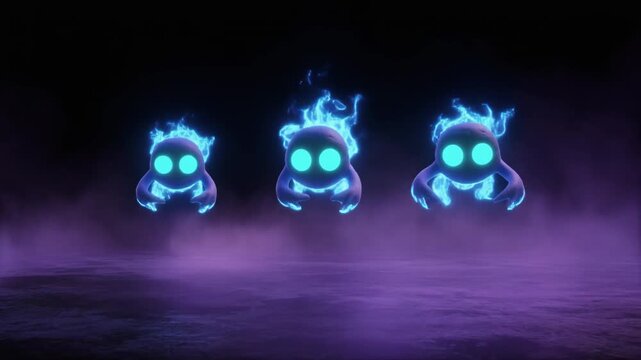 Three ethereal blue glowing entities floating in a mystical, smoky void