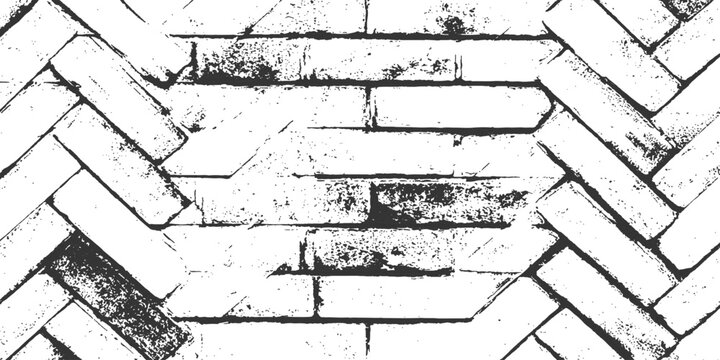 Black and white distressed herringbone brick paving pattern grunge texture backdrop for architectural template vector illustration.