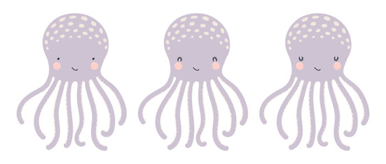 Cute little octopus illustration isolated set. Kawaii cartoon character. Wild animal, baby animal, wildlife, nature, fauna. Kids print, design element, clip art collection. Hand drawn flat vector © Maria Skrigan