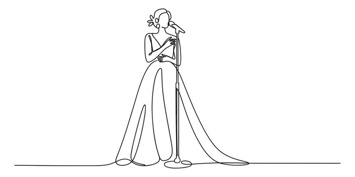 Continuous single line drawing of a beautiful woman singing into a microphone