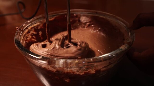 Mixing chocolate cake batter with the help of electric blender in a glass bowl