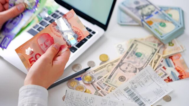 Woman calculating monthly home expenses, taxes and bank account balance.